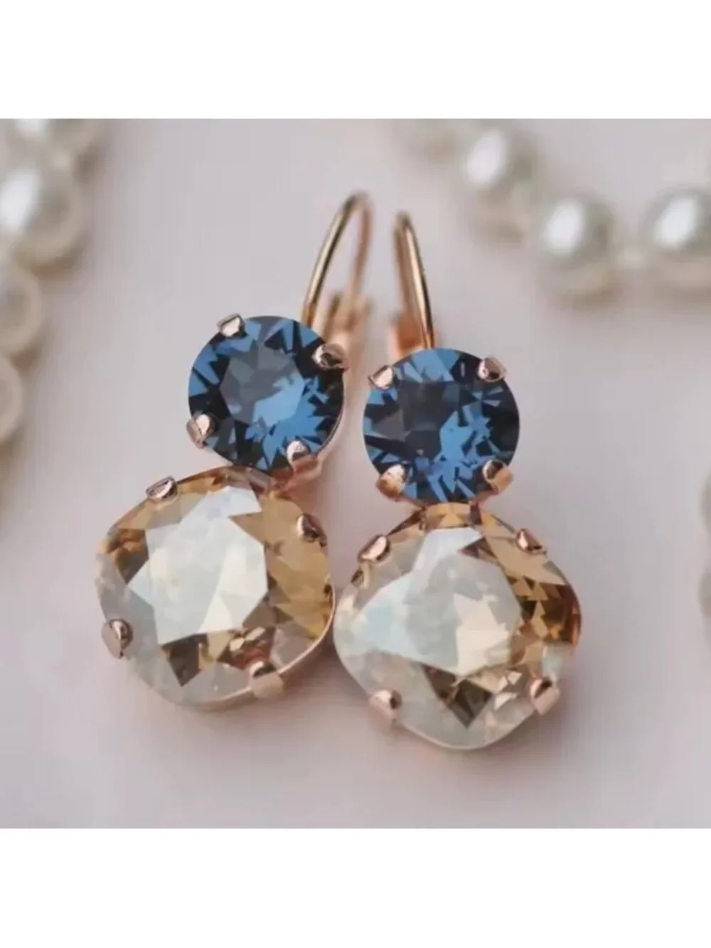 Vintage Champagne & Sapphire Crystal Drop Earrings